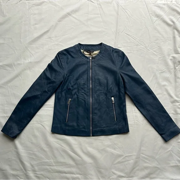 Massimo Dutti Navy Leather Jacket - Picture 1 of 8